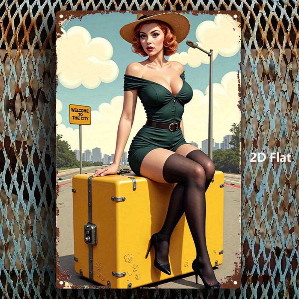 Home Bar Cafe - Vintage Beauty with Suitcase Metal Sign