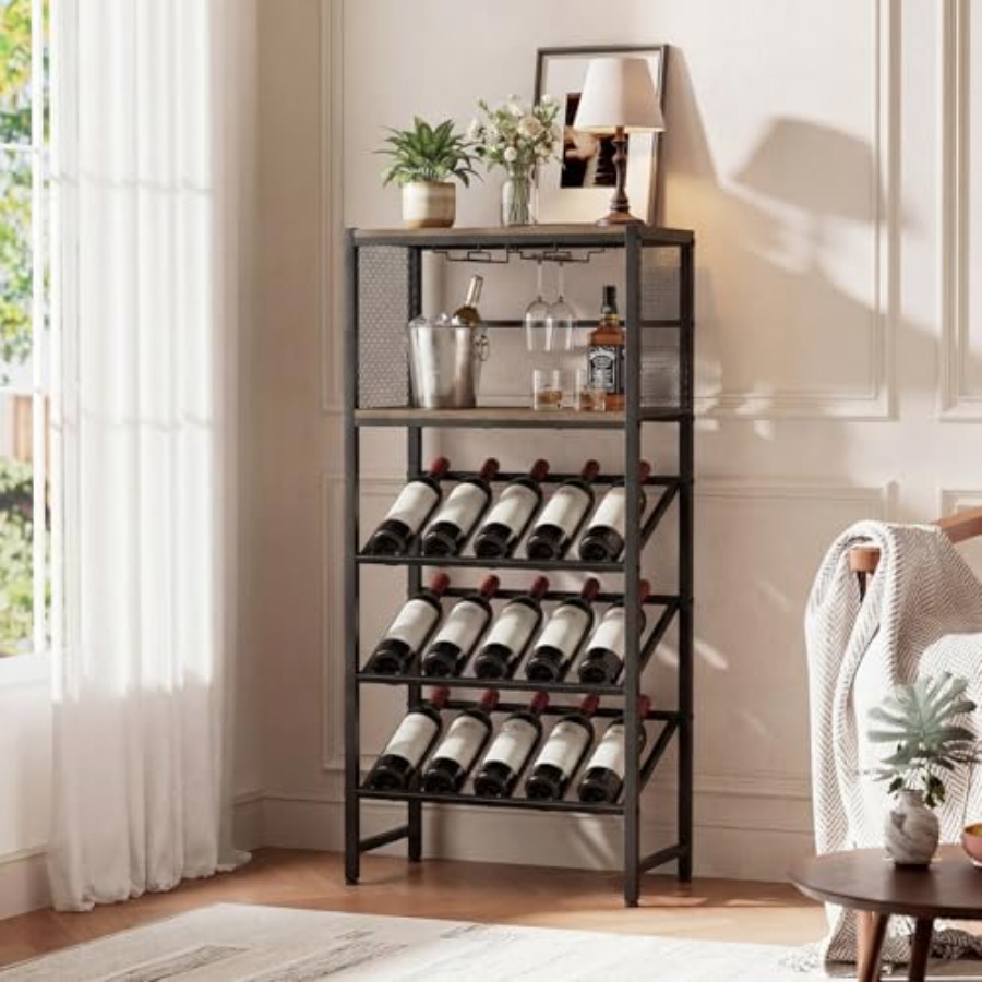 Home Bar Shelf - Corner Wine Rack with Glass Holder